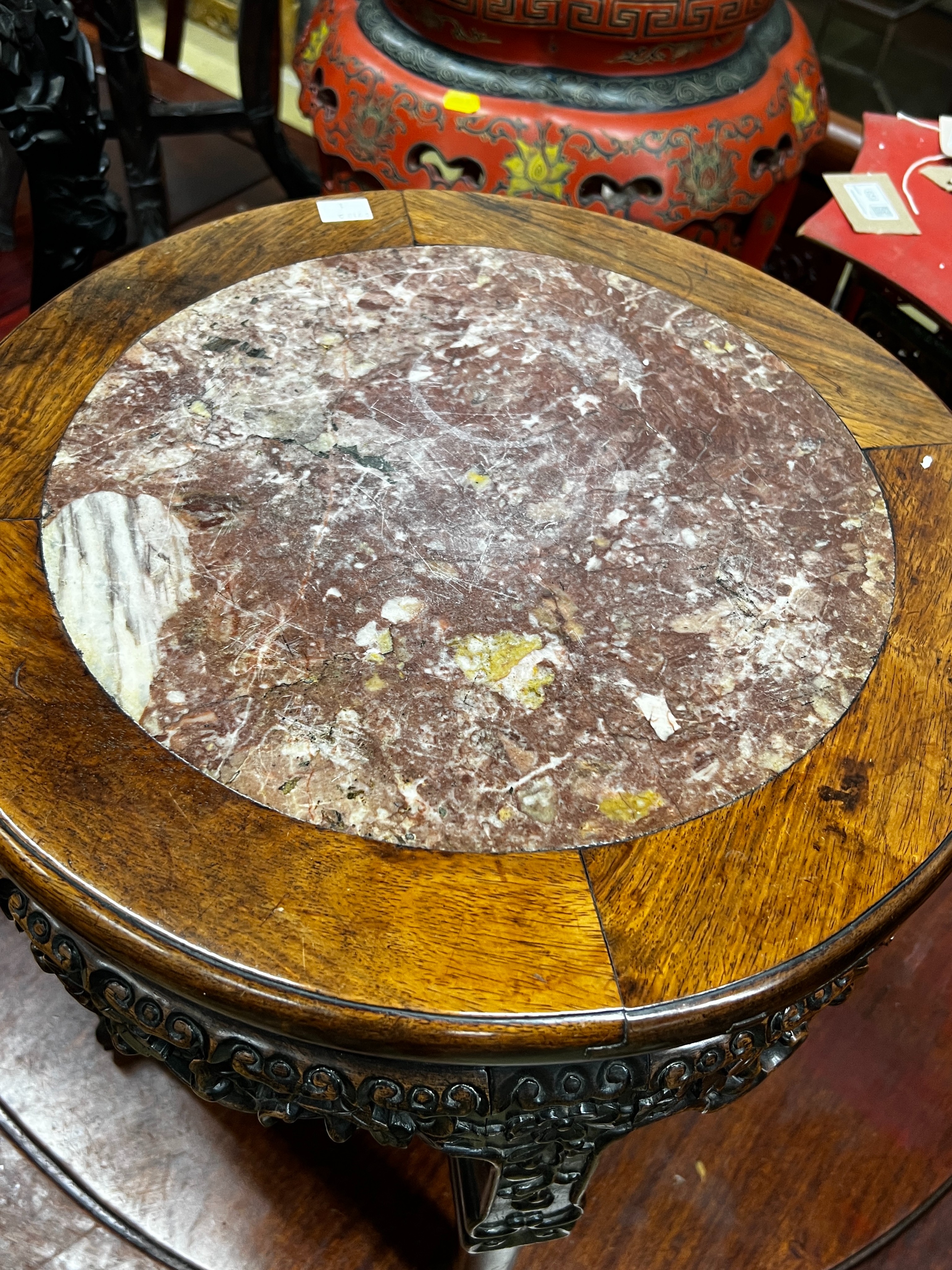 A Chinese circular marble top hongmu vase stand, diameter 41cm, height 48cm